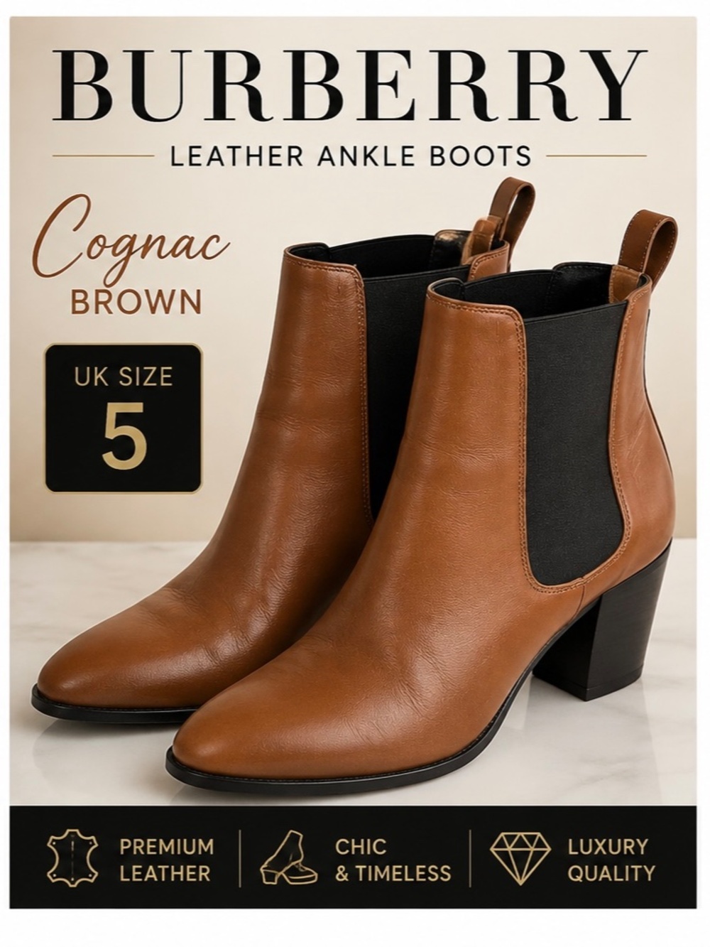 Authentic Burberry Leather Ankle Boots Cognac Size 35